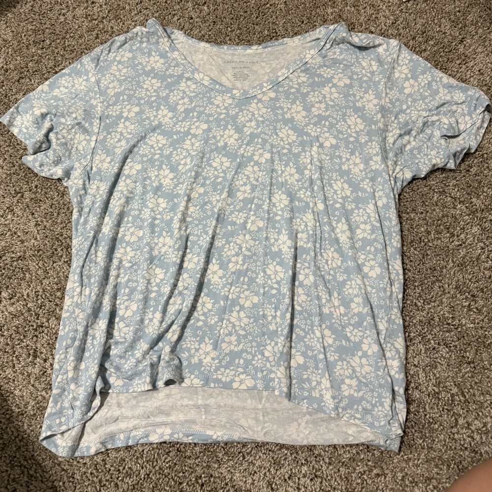 American Eagle Outfitters Blue Relaxed Pleated Short Sleeve Tee